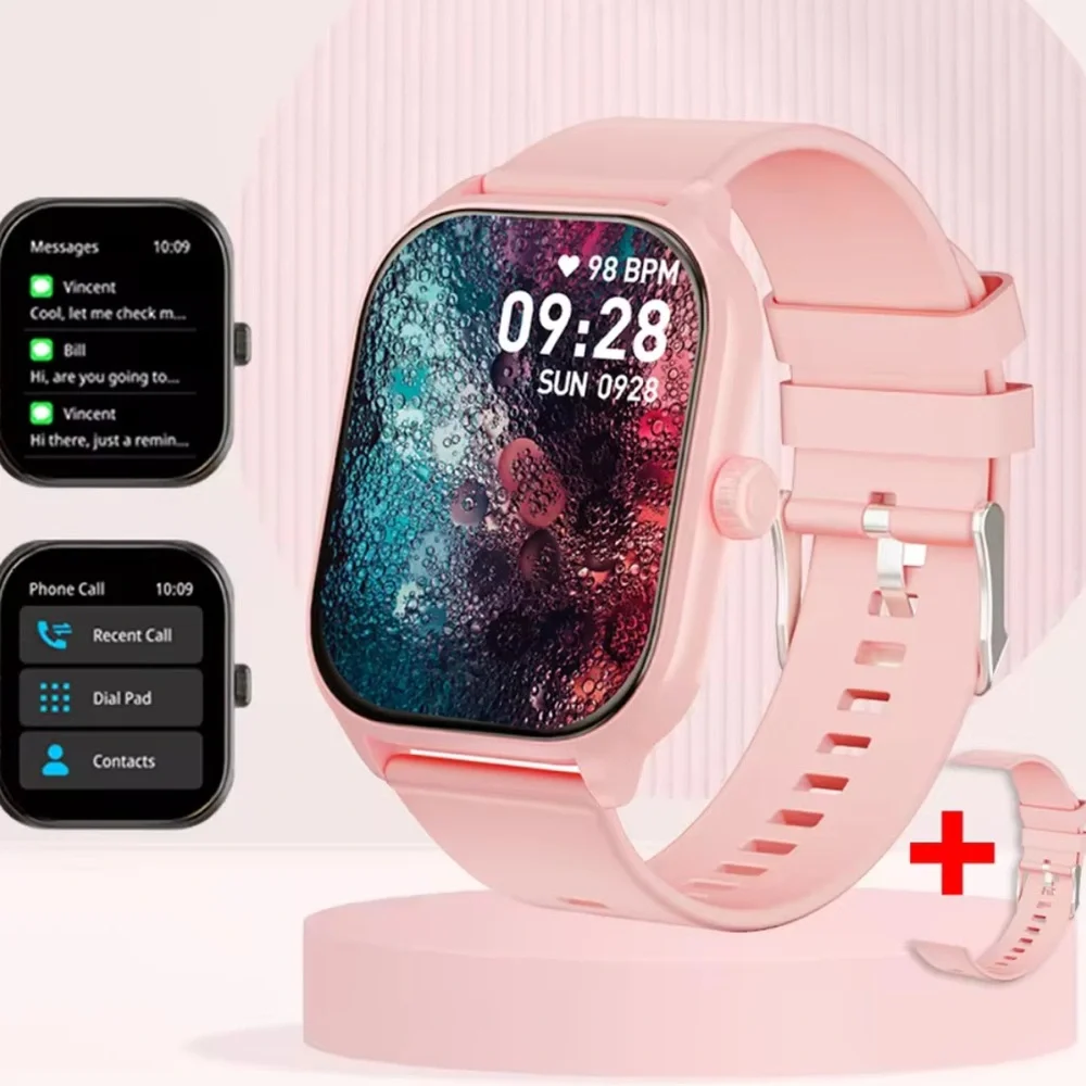 Smartwatch with Pink Strap compatible with iPhone and android